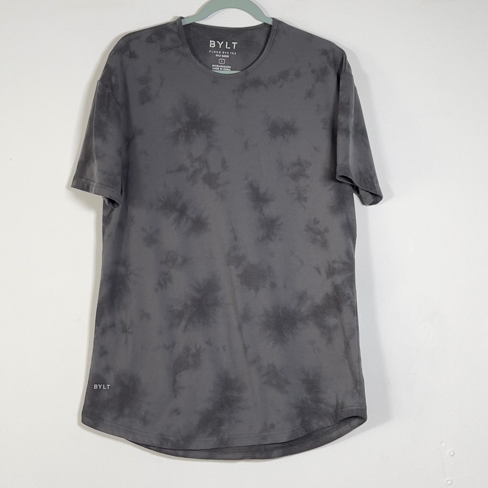BYLT Cloud Dye Tee Mens L Charcoal Grey Tie Dye Curved Hem Drop Shoulder T-Shirt